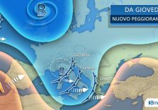 Torna il maltempo con pioggia e neve, giovedì una nuova perturbazione atlantica raggiungerà l’Italia