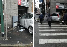 Sesto, scontro frontale alla Pelucca: un’auto sfonda la saracinesca di un negozio