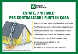 Regione Lombardia, le sette regole da osservare per limitare i furti in casa